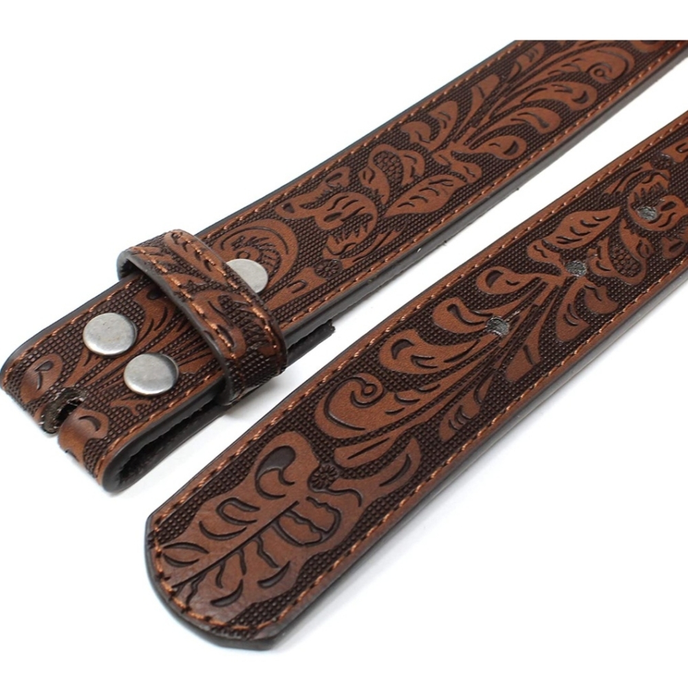 Leather Belt Strap with Embossed Western Scrollwork 1.5" Wide with Snaps